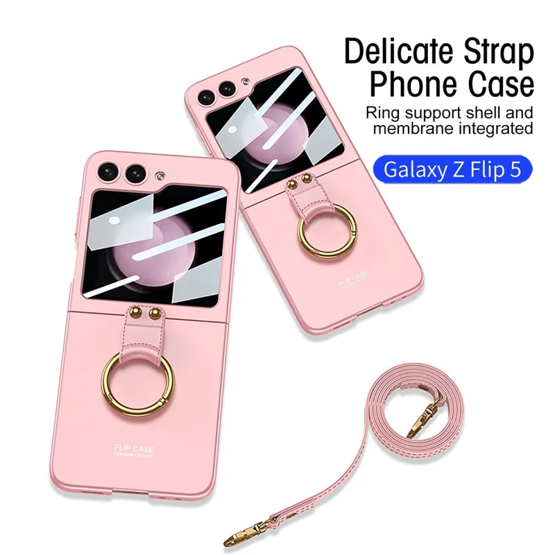 GKK For Samsung Galaxy Z Flip5 5G Ring Kickstand Cover Hard PC Phone Case with Small Screen Film and Shoulder Strap - Black