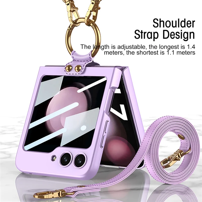 GKK For Samsung Galaxy Z Flip5 5G Ring Kickstand Cover Hard PC Phone Case with Small Screen Film and Shoulder Strap - Black