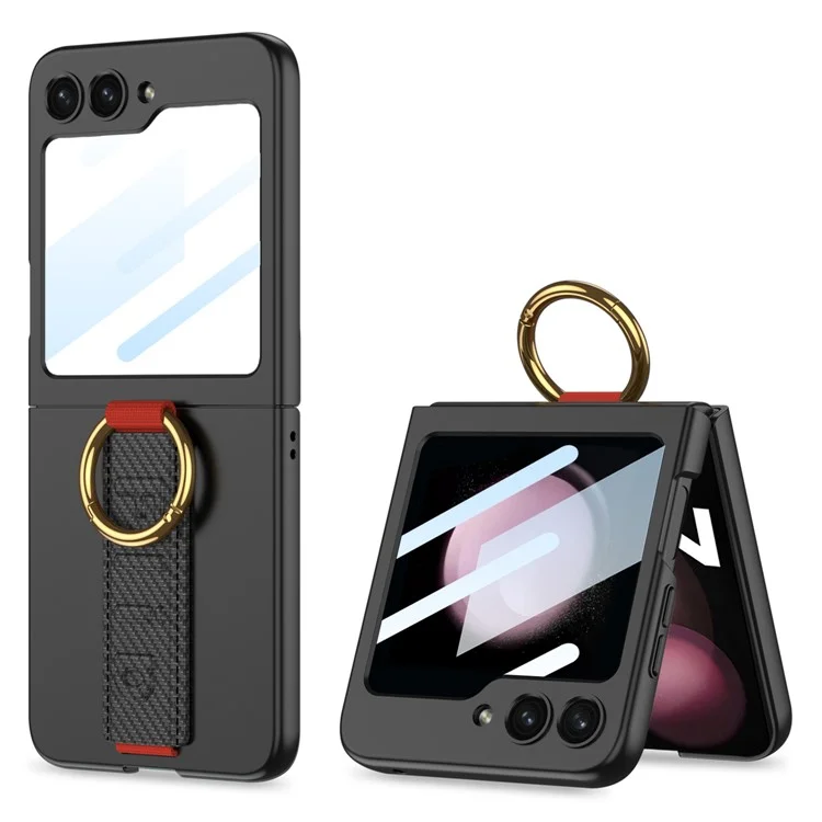 GKK For Samsung Galaxy Z Flip5 5G Wristband PC Phone Case Ring Kickstand Protective Cover with Integrated Rear Small Screen Film - Black / Carbon Fiber