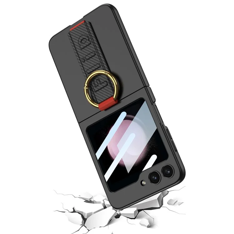 GKK For Samsung Galaxy Z Flip5 5G Wristband PC Phone Case Ring Kickstand Protective Cover with Integrated Rear Small Screen Film - Black / Carbon Fiber