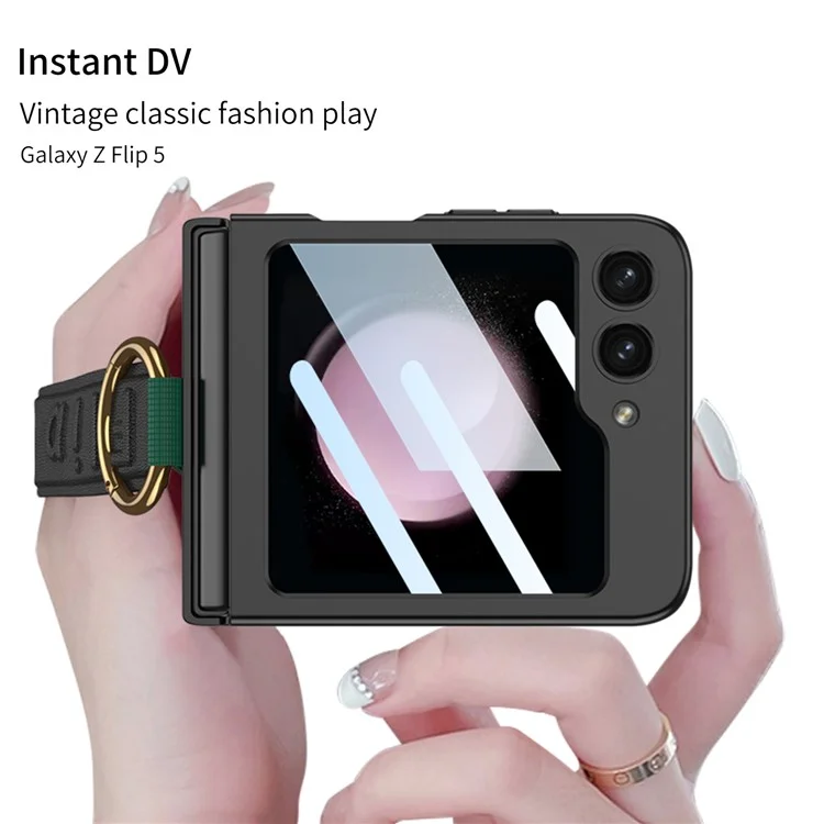 GKK For Samsung Galaxy Z Flip5 5G Wristband PC Phone Case Ring Kickstand Protective Cover with Integrated Rear Small Screen Film - Black / Carbon Fiber