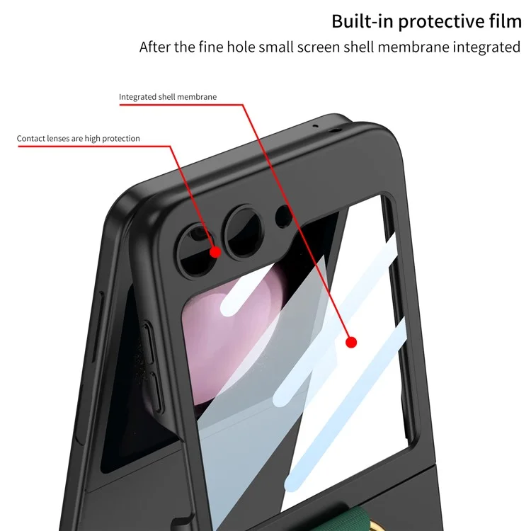 GKK For Samsung Galaxy Z Flip5 5G Wristband PC Phone Case Ring Kickstand Protective Cover with Integrated Rear Small Screen Film - Black / Carbon Fiber