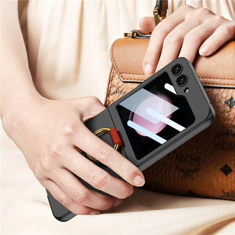 GKK For Samsung Galaxy Z Flip5 5G Wristband PC Phone Case Ring Kickstand Protective Cover with Integrated Rear Small Screen Film - Black / Carbon Fiber