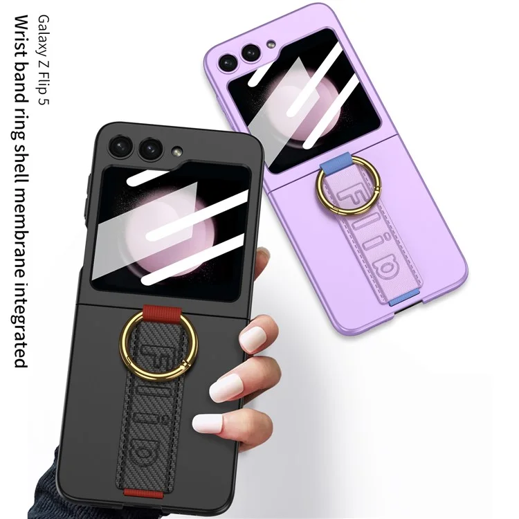 GKK For Samsung Galaxy Z Flip5 5G Wristband PC Phone Case Ring Kickstand Protective Cover with Integrated Rear Small Screen Film - Black / Carbon Fiber