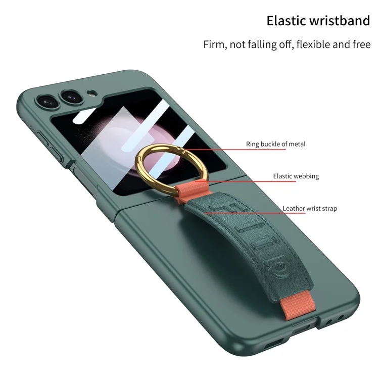 GKK For Samsung Galaxy Z Flip5 5G Wristband PC Phone Case Ring Kickstand Protective Cover with Integrated Rear Small Screen Film - Black / Carbon Fiber