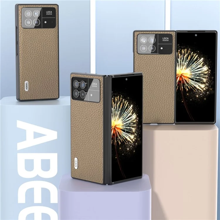 ABEEL Per Xiaomi Mix Fold 3 5G Custodia Protettiva Texture Litchi in Vera Pelle Bovina Rivestita in PC - Kaki