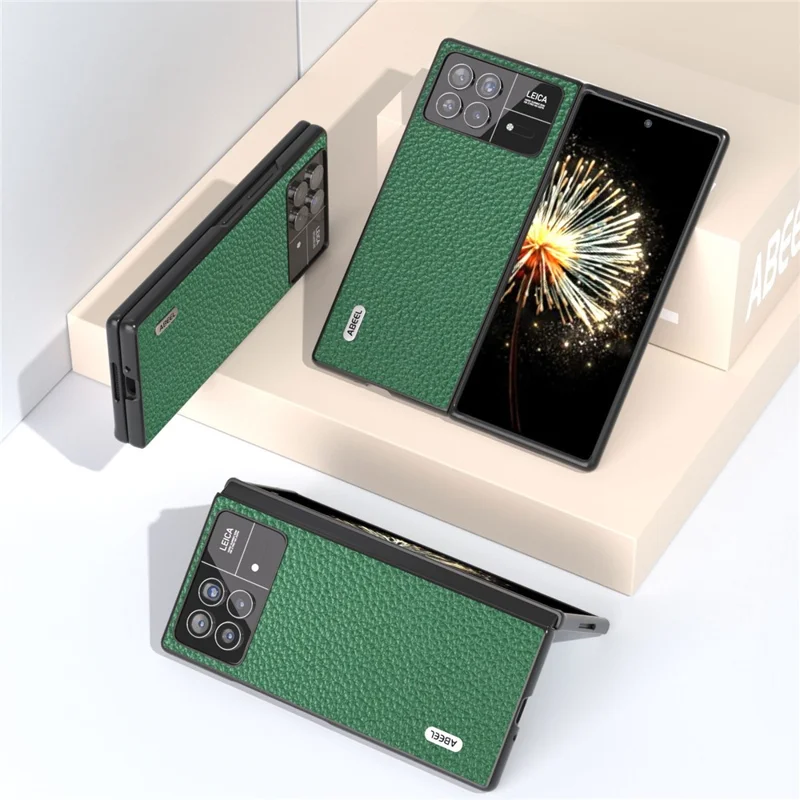 ABEEL For Xiaomi Mix Fold 3 5G Litchi Texture Protective Cover Genuine Cow Leather Coated PC Phone Case - Green