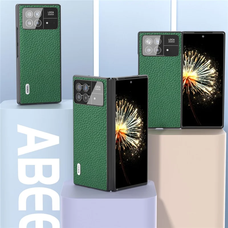 ABEEL For Xiaomi Mix Fold 3 5G Litchi Texture Protective Cover Genuine Cow Leather Coated PC Phone Case - Green