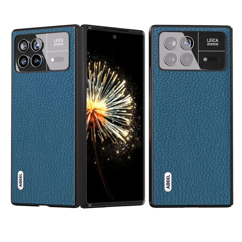 ABEEL For Xiaomi Mix Fold 3 5G Litchi Texture Protective Cover Genuine Cow Leather Coated PC Phone Case - Blue