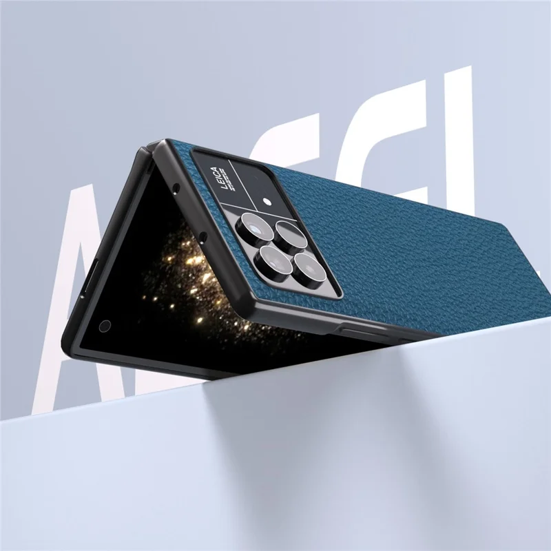 ABEEL For Xiaomi Mix Fold 3 5G Litchi Texture Protective Cover Genuine Cow Leather Coated PC Phone Case - Blue
