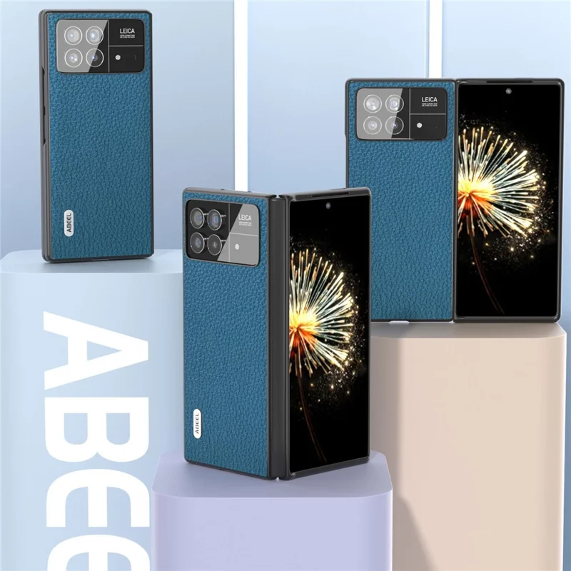 ABEEL For Xiaomi Mix Fold 3 5G Litchi Texture Protective Cover Genuine Cow Leather Coated PC Phone Case - Blue