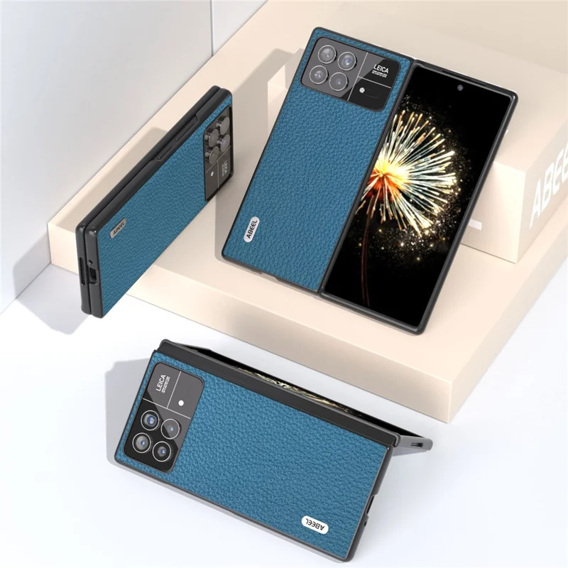 ABEEL For Xiaomi Mix Fold 3 5G Litchi Texture Protective Cover Genuine Cow Leather Coated PC Phone Case - Blue