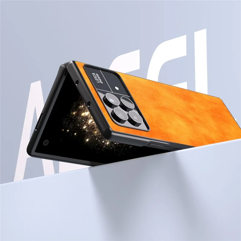 ABEEL Pour Xiaomi Mix Fold 3 5G Étui de protection en PC avec revêtement en cuir PU Texture Litchi Anti-chute - Orange