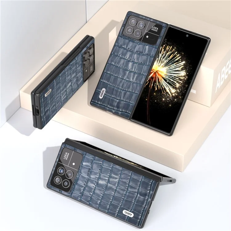ABEEL Para Xiaomi Mix Fold 3 5G Funda de Teléfono con Textura de Cocodrilo Antideslizante de Cuero Vacuno Genuino + PC - Azul