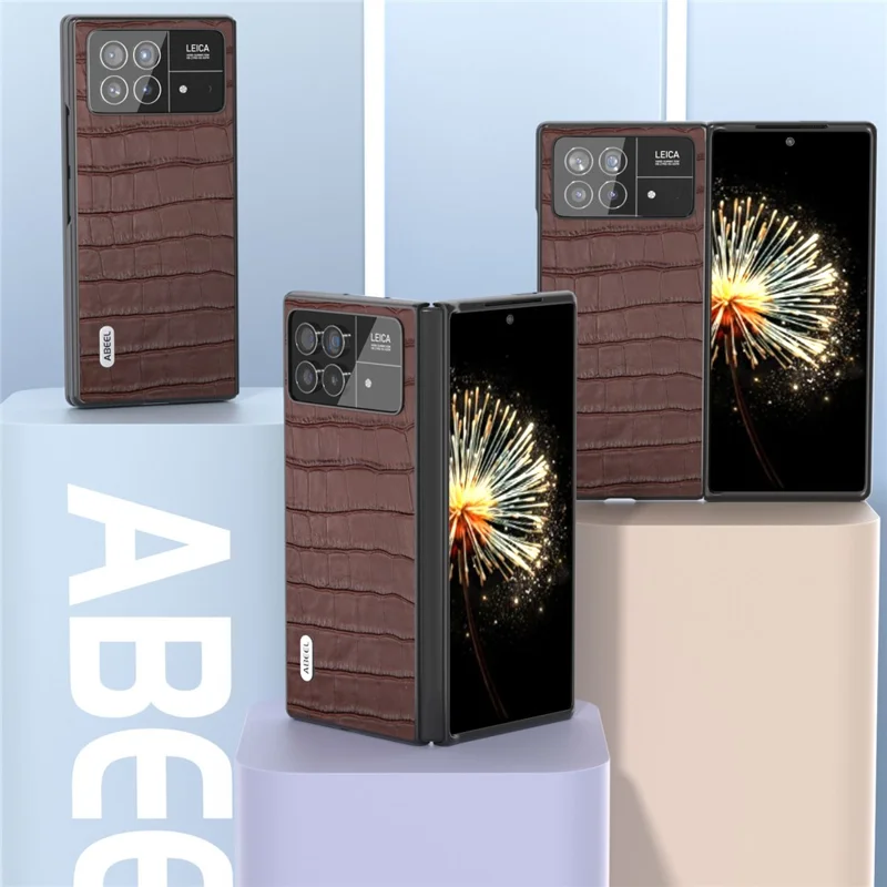 ABEEL For Xiaomi Mix Fold 3 5G Crocodile Texture Phone Cover Anti-drop Genuine Cow Leather+PC Phone Case - Coffee