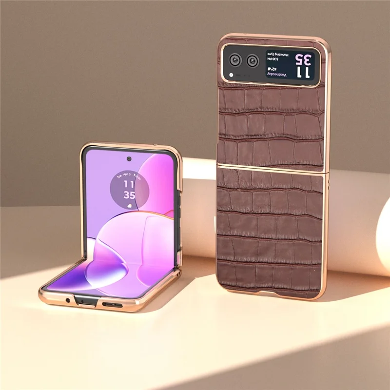 Back Cover for Motorola Razr 40 5G , Crocodile Texture Genuine Cow Leather + PC Nano Electroplating Phone Case - Coffee
