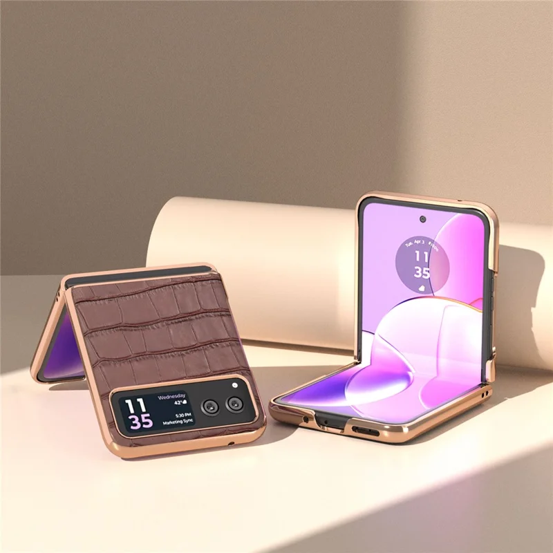 Back Cover for Motorola Razr 40 5G , Crocodile Texture Genuine Cow Leather + PC Nano Electroplating Phone Case - Coffee