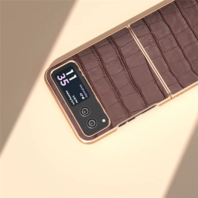 Back Cover for Motorola Razr 40 5G , Crocodile Texture Genuine Cow Leather + PC Nano Electroplating Phone Case - Coffee