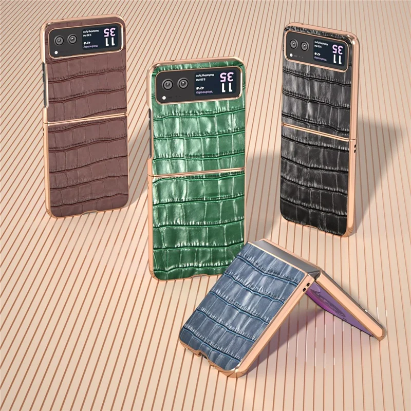 Back Cover for Motorola Razr 40 5G , Crocodile Texture Genuine Cow Leather + PC Nano Electroplating Phone Case - Coffee