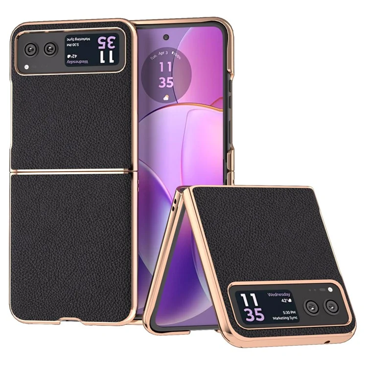 Para Motorola Razr 40 5G Anti-queda Litchi Texture Phone Case Genuine Cow Leather + PC Nano Electroplating Cover - Preto