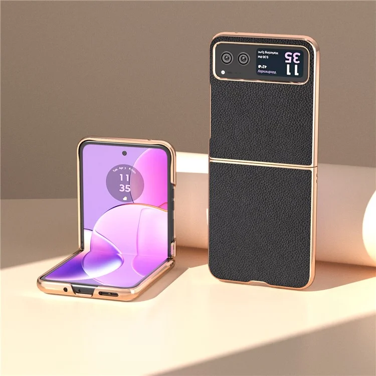 Para Motorola Razr 40 5G Anti-queda Litchi Texture Phone Case Genuine Cow Leather + PC Nano Electroplating Cover - Preto
