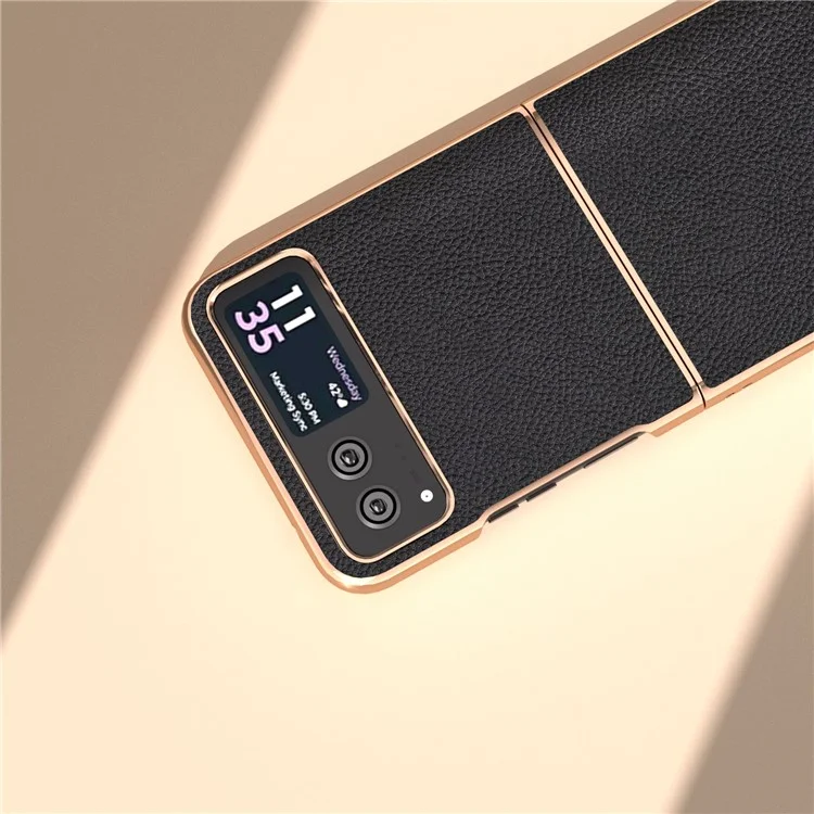 Para Motorola Razr 40 5G Anti-queda Litchi Texture Phone Case Genuine Cow Leather + PC Nano Electroplating Cover - Preto