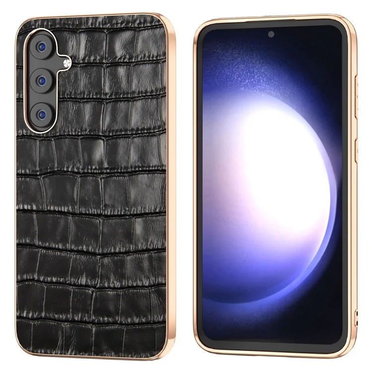 Für Samsung Galaxy S23 FE Crocodile Texture Back Cover Anti-drop Genuine Cow Leather+PC+TPU Nano Electroplating Phone Case - Schwarz