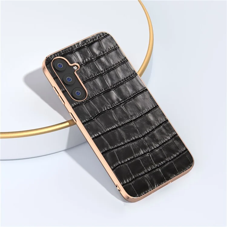 Für Samsung Galaxy S23 FE Crocodile Texture Back Cover Anti-drop Genuine Cow Leather+PC+TPU Nano Electroplating Phone Case - Schwarz