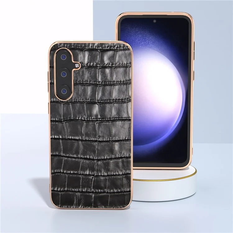 Für Samsung Galaxy S23 FE Crocodile Texture Back Cover Anti-drop Genuine Cow Leather+PC+TPU Nano Electroplating Phone Case - Schwarz
