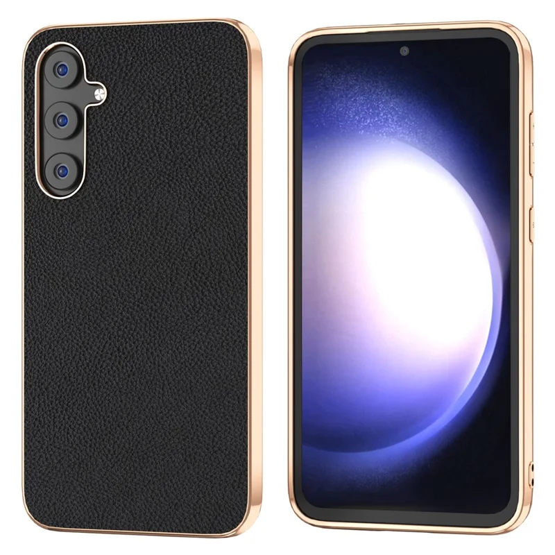 For Samsung Galaxy S23 FE Phone Case Litchi Texture Genuine Cow Leather+TPU+PC Nano Electroplating Cover - Black