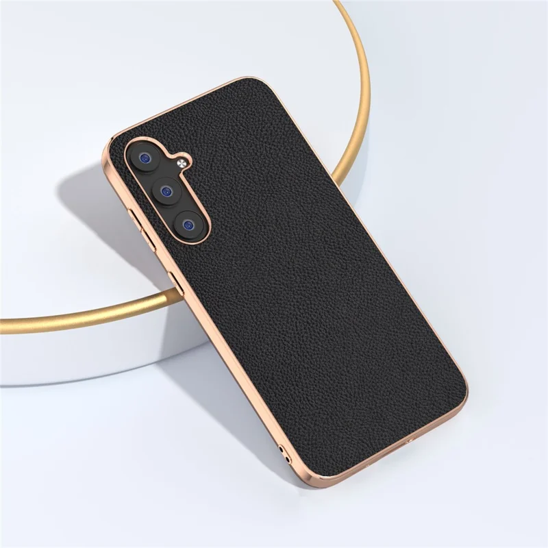 For Samsung Galaxy S23 FE Phone Case Litchi Texture Genuine Cow Leather+TPU+PC Nano Electroplating Cover - Black