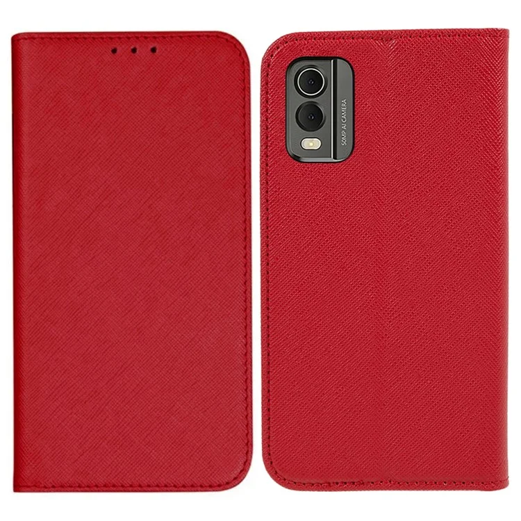 Para Nokia C32 Magnetic Closing PU Leather Case Cross Texture Stand Wallet Protective Phone Cover - Vermelho