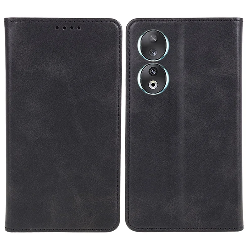Calf Texture Phone Case for Honor 90 , Magnetic PU Leather Stand Wallet Anti-fall Cover - Black