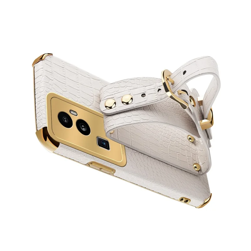 For Oppo Reno10 Pro+ 5G Electroplating Phone Cover PU Leather+TPU Case with Wristband Kickstand - White