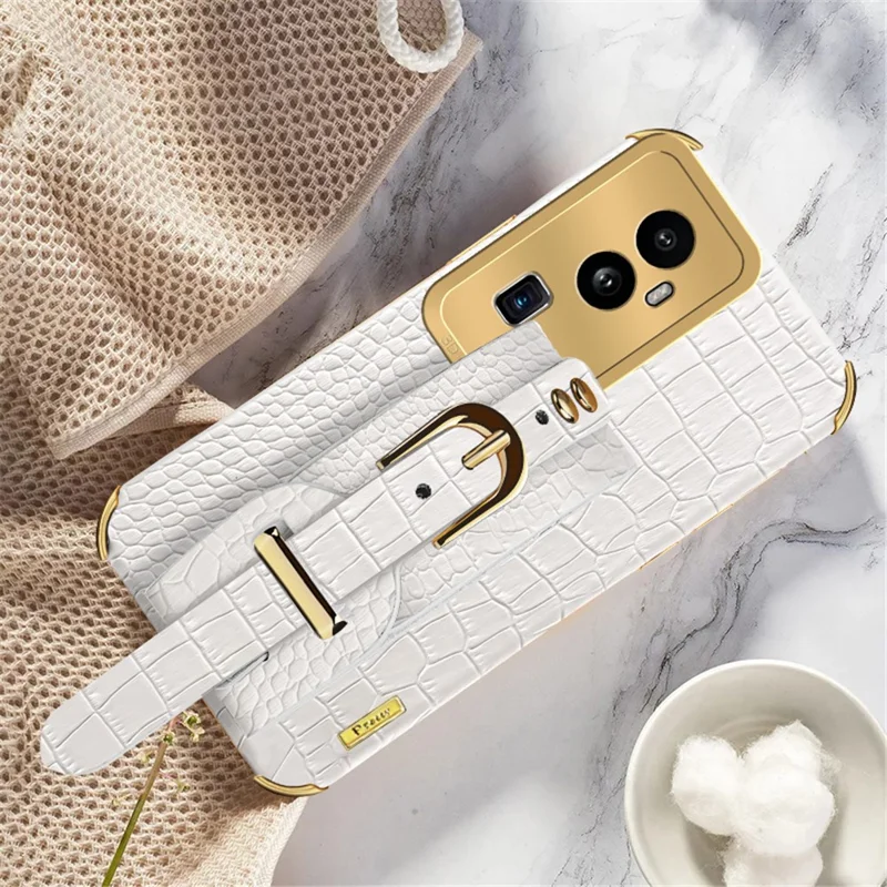For Oppo Reno10 Pro+ 5G Electroplating Phone Cover PU Leather+TPU Case with Wristband Kickstand - White