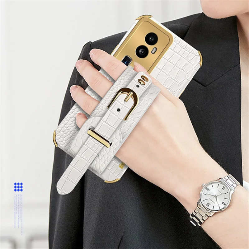 For Oppo Reno10 Pro+ 5G Electroplating Phone Cover PU Leather+TPU Case with Wristband Kickstand - White