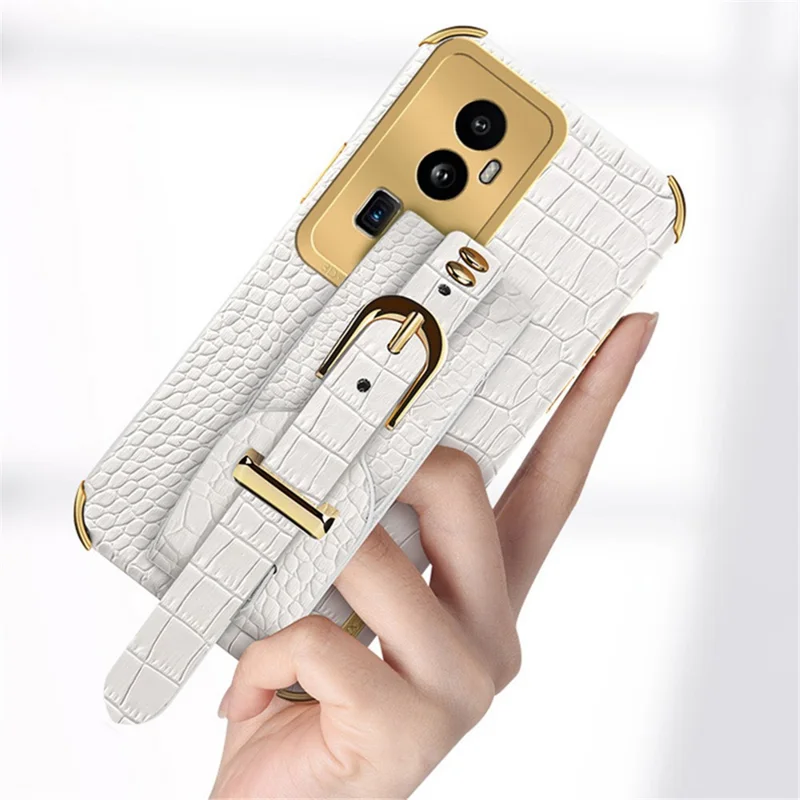 For Oppo Reno10 Pro+ 5G Electroplating Phone Cover PU Leather+TPU Case with Wristband Kickstand - White