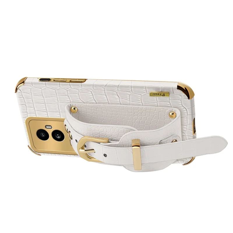 For Oppo Reno10 Pro+ 5G Electroplating Phone Cover PU Leather+TPU Case with Wristband Kickstand - White