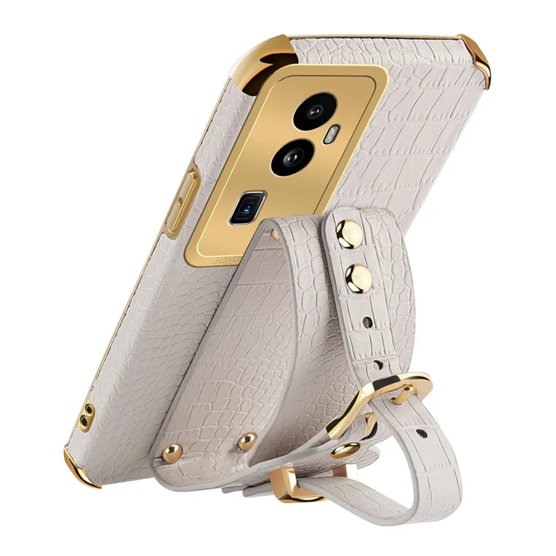 For Oppo Reno10 Pro+ 5G Electroplating Phone Cover PU Leather+TPU Case with Wristband Kickstand - White