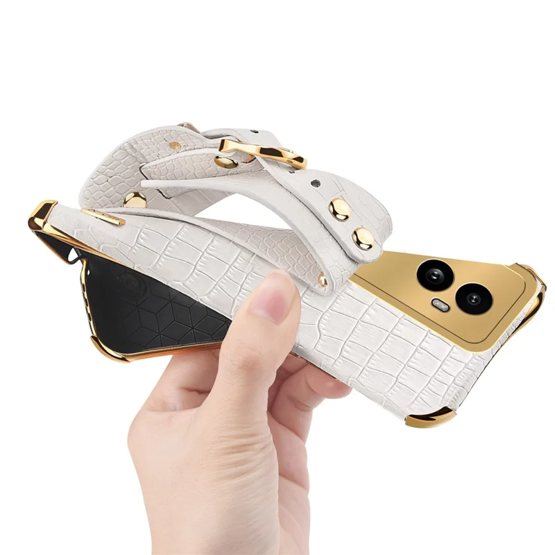 For Oppo Reno10 Pro+ 5G Electroplating Phone Cover PU Leather+TPU Case with Wristband Kickstand - White
