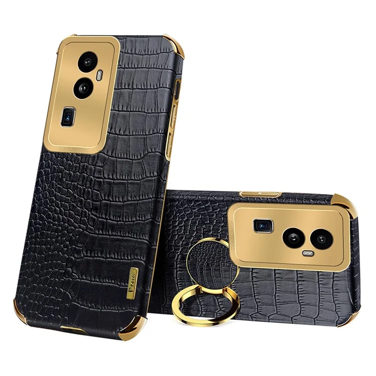 Für Oppo Reno10 Pro+ 5G Krokodilleder-Textur-Ring-Kickstand-Handyhülle 6D-Galvanisierung Leder+TPU-Abdeckung - Schwarz