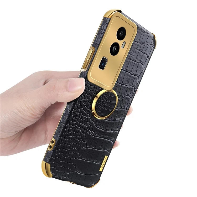 Für Oppo Reno10 Pro+ 5G Krokodilleder-Textur-Ring-Kickstand-Handyhülle 6D-Galvanisierung Leder+TPU-Abdeckung - Schwarz