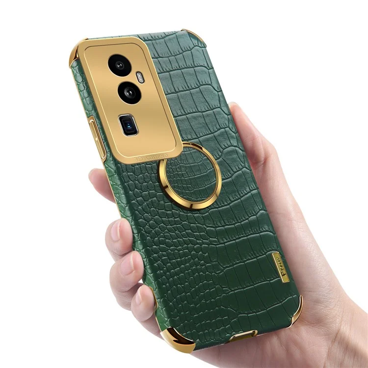 Für Oppo Reno10 Pro+ 5G Krokodilleder-Textur-Ring-Kickstand-Handyhülle 6D-Galvanisierung Leder+TPU-Abdeckung - Schwarz