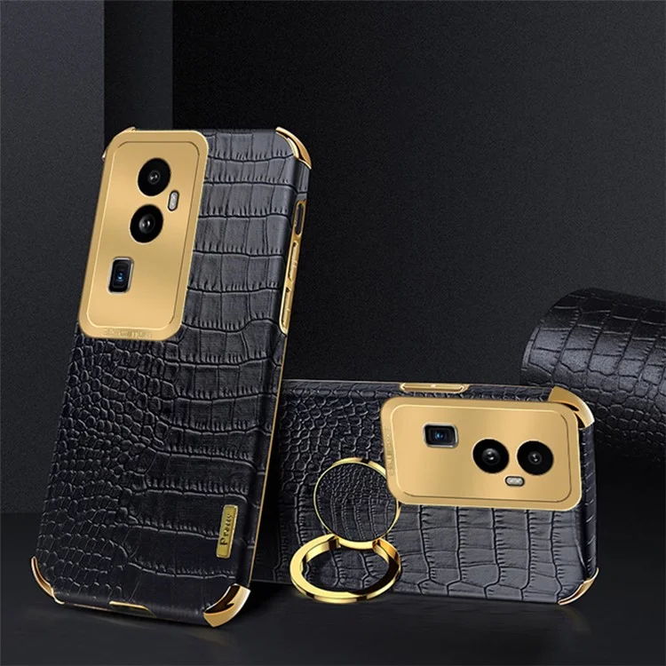 Für Oppo Reno10 Pro+ 5G Krokodilleder-Textur-Ring-Kickstand-Handyhülle 6D-Galvanisierung Leder+TPU-Abdeckung - Schwarz