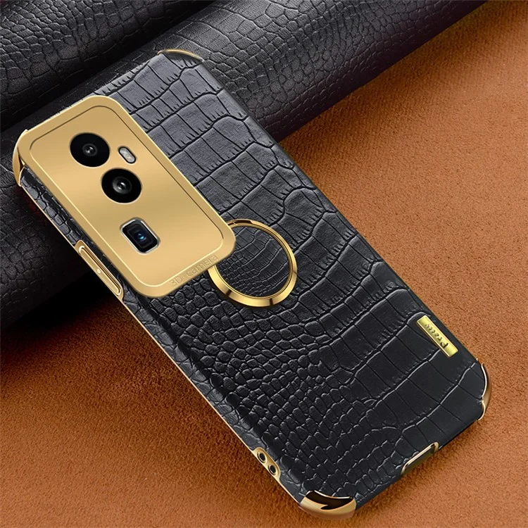 Für Oppo Reno10 Pro+ 5G Krokodilleder-Textur-Ring-Kickstand-Handyhülle 6D-Galvanisierung Leder+TPU-Abdeckung - Schwarz