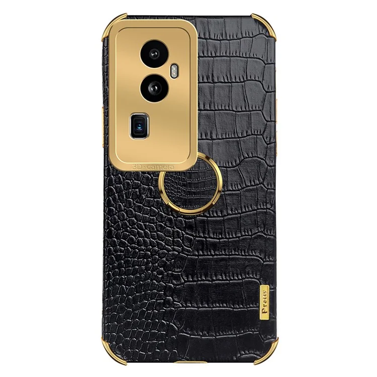 Für Oppo Reno10 Pro+ 5G Krokodilleder-Textur-Ring-Kickstand-Handyhülle 6D-Galvanisierung Leder+TPU-Abdeckung - Schwarz