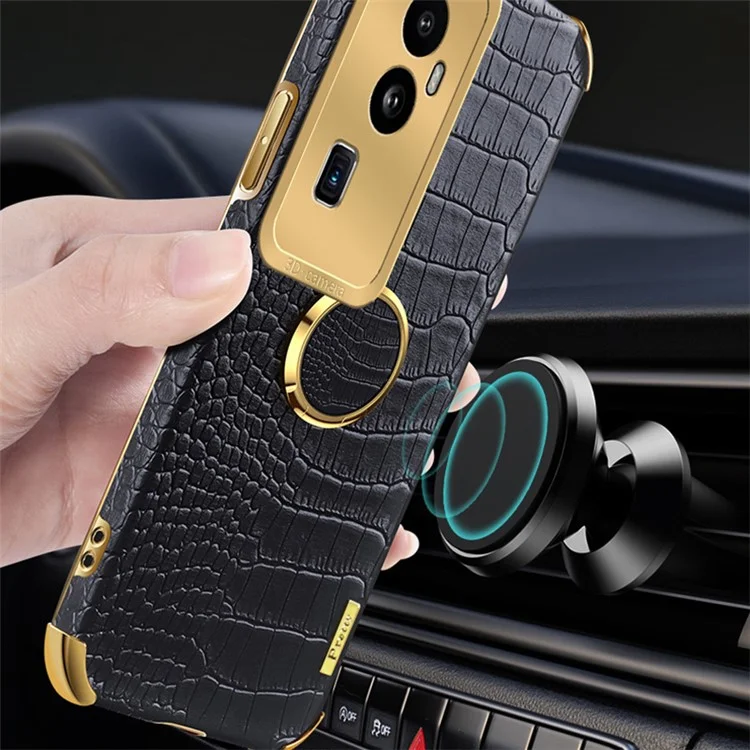 Für Oppo Reno10 Pro+ 5G Krokodilleder-Textur-Ring-Kickstand-Handyhülle 6D-Galvanisierung Leder+TPU-Abdeckung - Schwarz