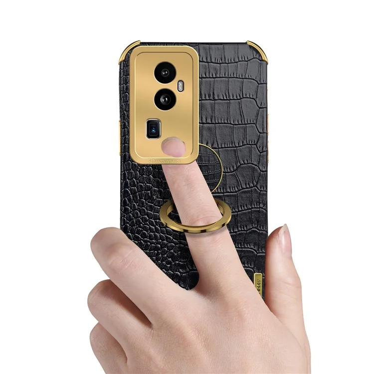 Für Oppo Reno10 Pro+ 5G Krokodilleder-Textur-Ring-Kickstand-Handyhülle 6D-Galvanisierung Leder+TPU-Abdeckung - Schwarz