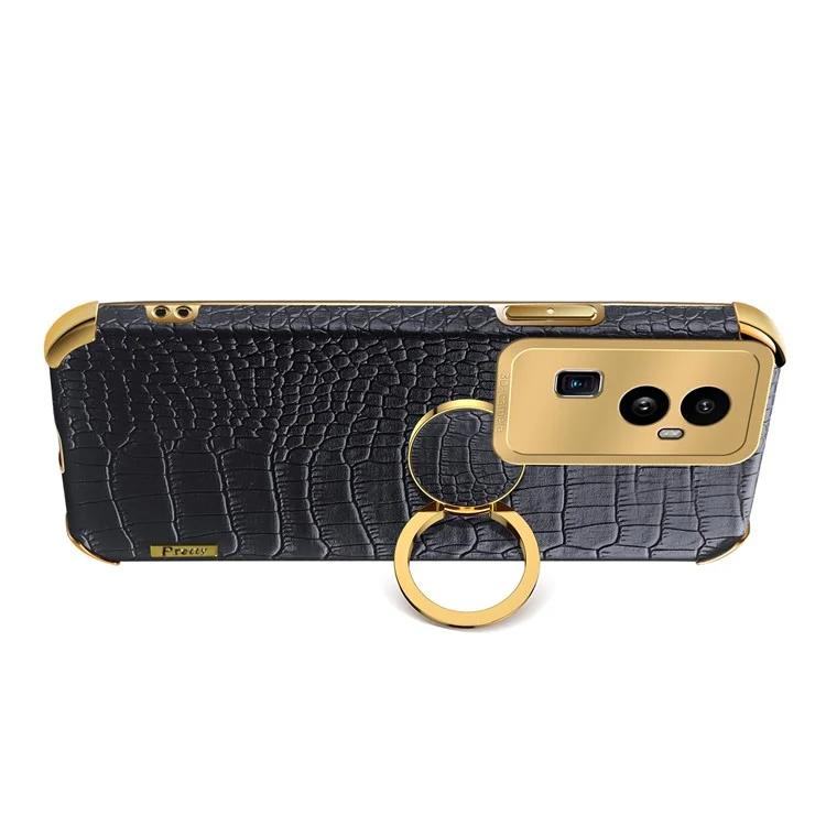 Für Oppo Reno10 Pro+ 5G Krokodilleder-Textur-Ring-Kickstand-Handyhülle 6D-Galvanisierung Leder+TPU-Abdeckung - Schwarz