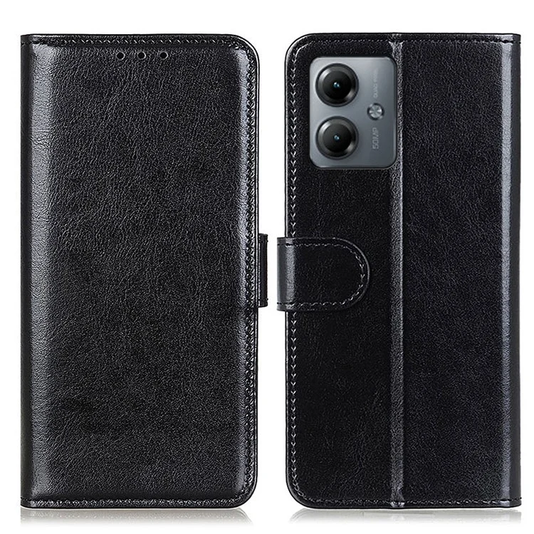 Para Motorola Moto G14 4G Capa de Telefone Shell Textura de Cavalo Louco Couro PU Capa de Telefone Carteira Suporte - Preto